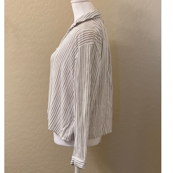 Hippie Rose White Brown Striped Tie Front Long Sleeve Blouse Shirt Size Large - Picture 2 of 10